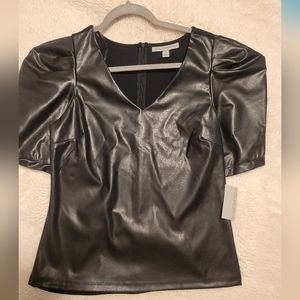 Jersey Vegan Leather Puff Short Sleeve V Neck Top